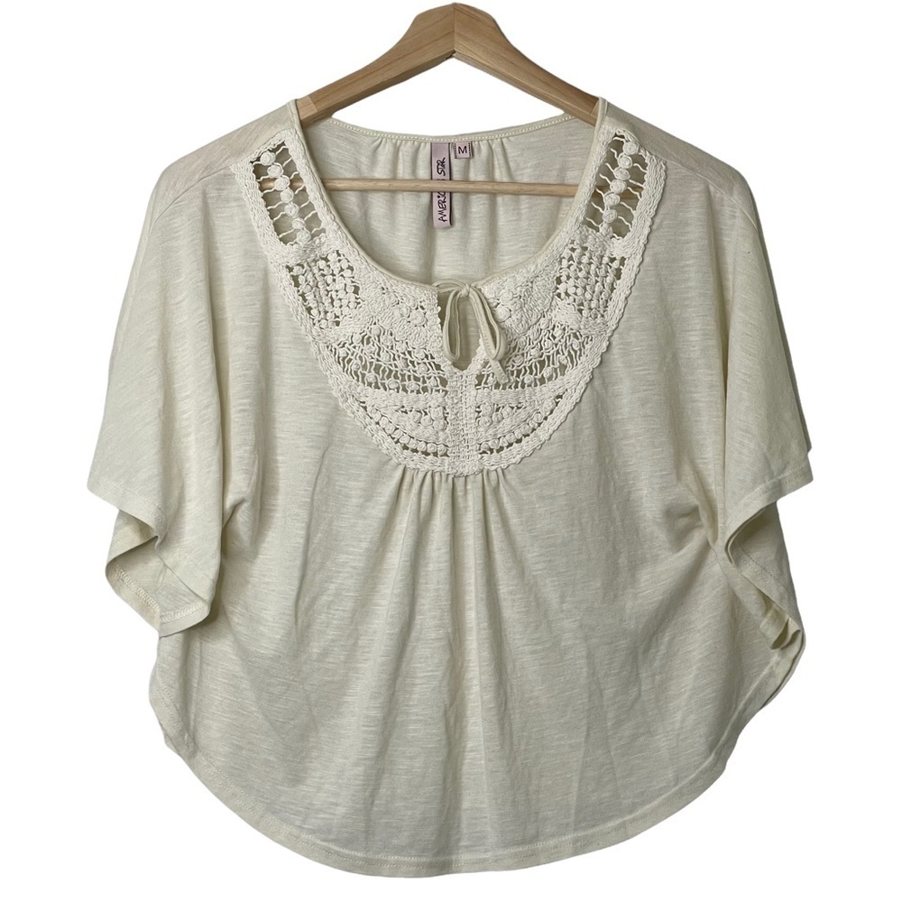 American Star Boho Women's Crochet Front Tie Cream Kimono Top Sz M